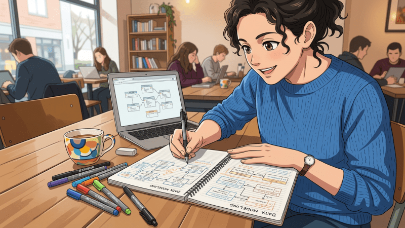 Woman writing data modeling notes in a notebook with laptop and pens on wooden table in cafe