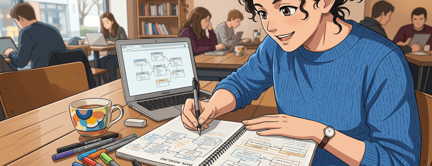 Woman writing data modeling notes in a notebook with laptop and pens on wooden table in cafe