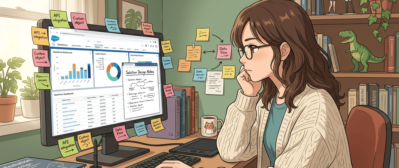 Designer reviewing Salesforce dashboards and data flow diagrams at a computer