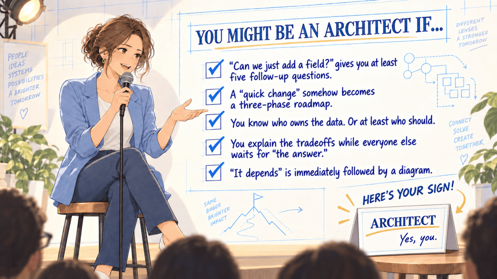 A woman speaking onstage beside a checklist titled “You might be an architect if,” featuring humorous signs of architectural thinking and an Architect sign reading “Yes, you.”