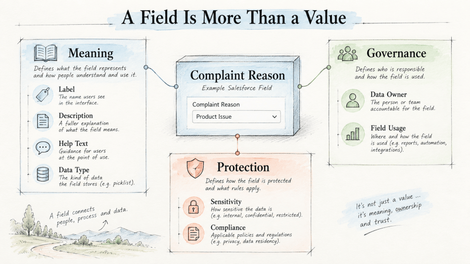 An infographic titled 'A Field Is More Than a Value' discussing the importance of data fields in Salesforce. It outlines four main sections: Meaning, Governance, Protection, and a highlighted example field 'Complaint Reason'. Each section details aspects like label, description, data type, data ownership, sensitivity, and compliance.