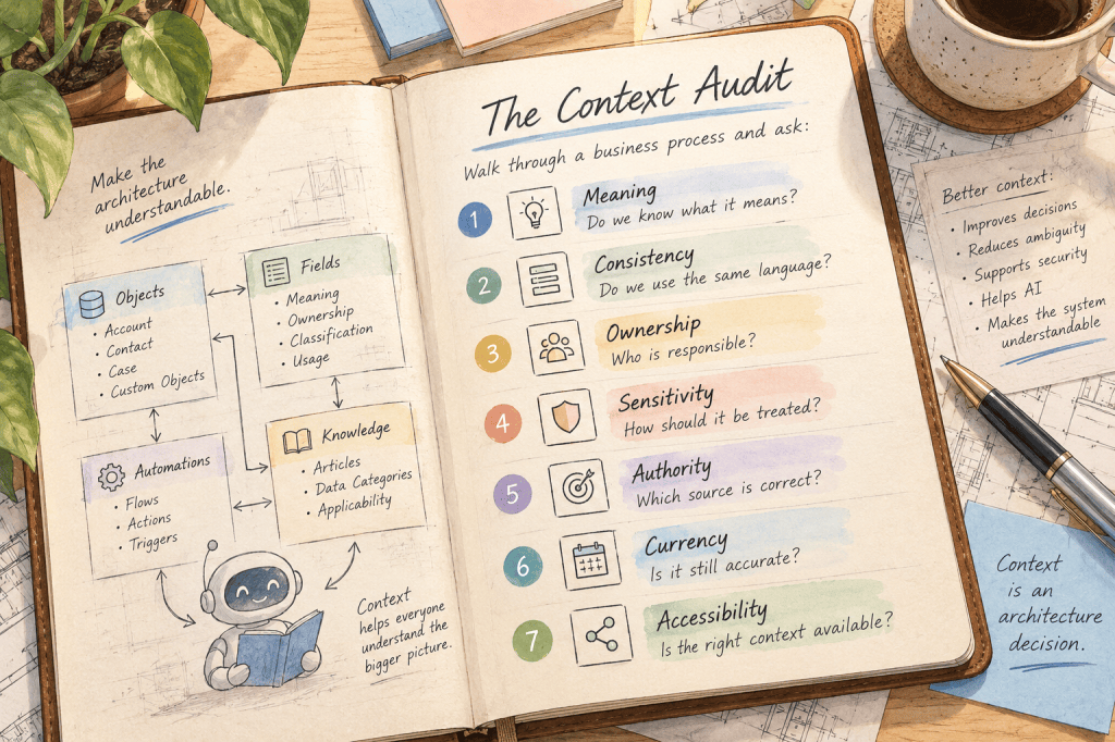 An open notebook with a title 'The Context Audit,' containing an illustrated guide on understanding architecture. It outlines questions about meaning, consistency, ownership, sensitivity, authority, currency, and accessibility. There are visual elements like arrows, a friendly robot reading a book, and notes suggesting better context improves decisions.