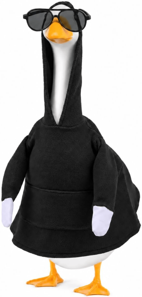 A cartoonish goose wearing a black hoodie and sunglasses, standing upright.